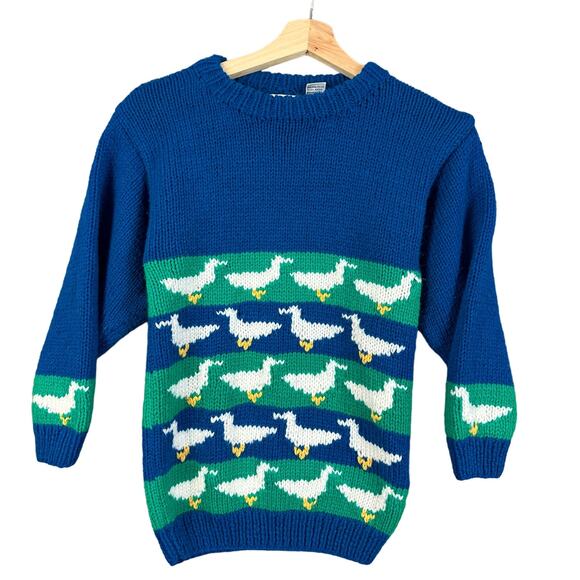 Vintage Puffins Hand Knit Novelty Sweater Geese Stripe Blue Green Girls M Medium - Picture 1 of 5